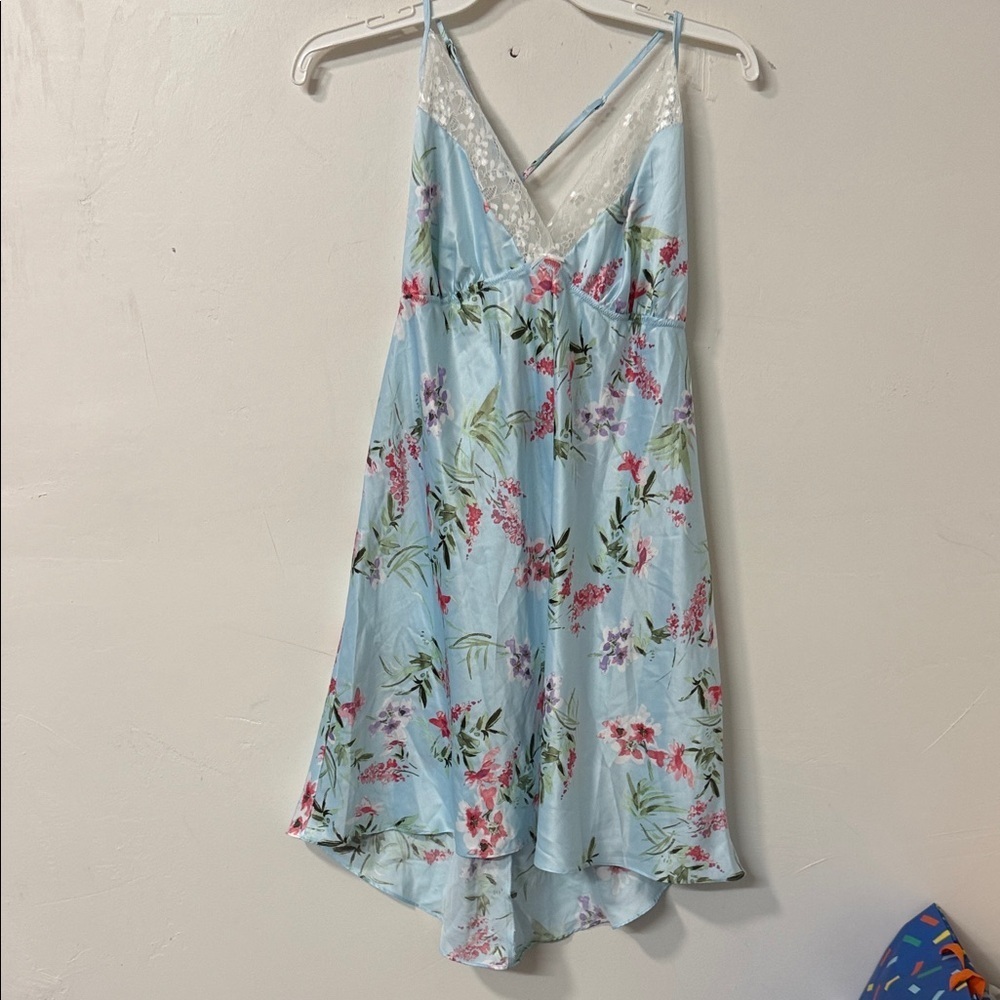 Floral Lace Trim Nightgown - Blue